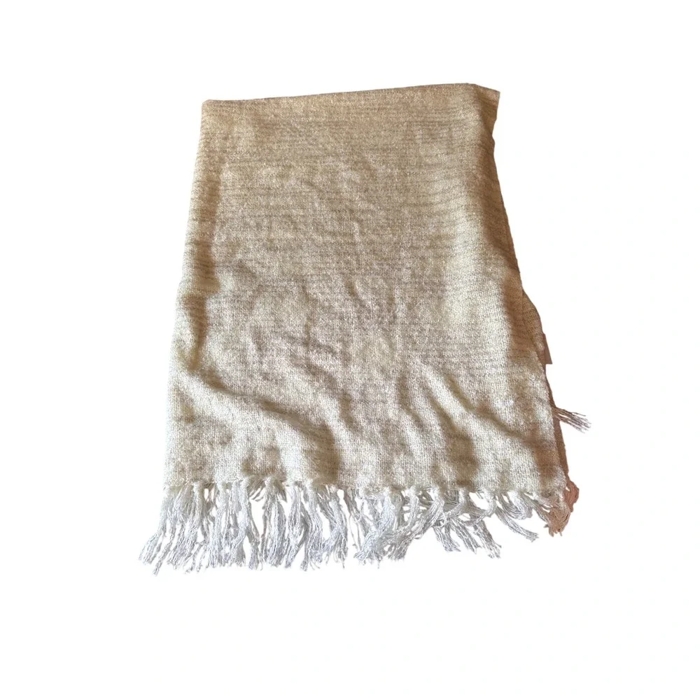 West Elm Throw Blanket Cream Metallic Boucle Knit Fringe 44x56 Soft Accent Decor